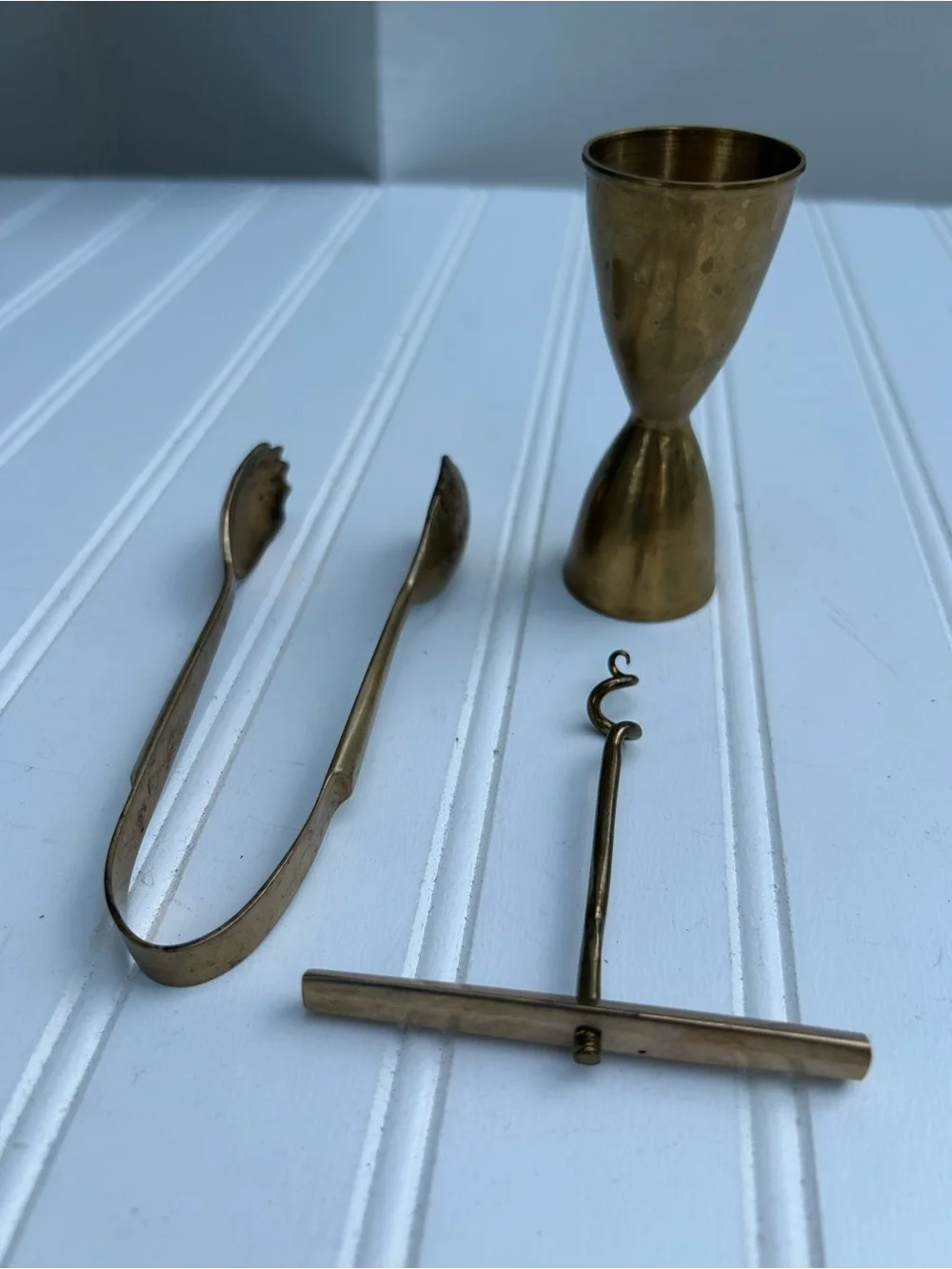 Vintage Brass Bar Tool Set Gold Color Cocktail Jigger Ice Tongs Corkscrew Lot 3